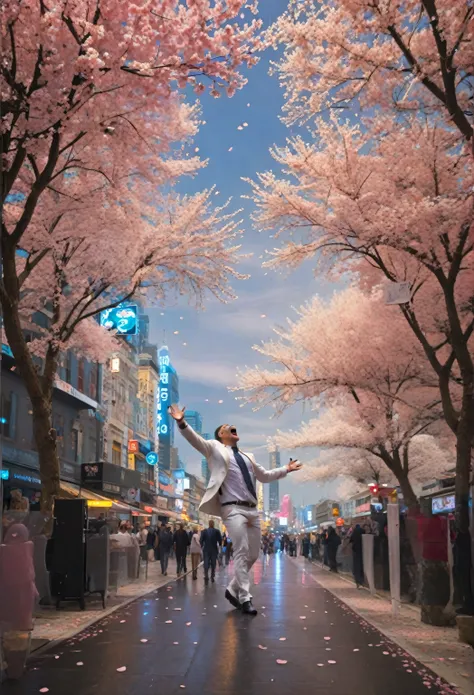 American-style office streets,An attractive man's body,cherry tree,cherry blossom petals dance,Sakura Fubuki,petals turn into musical notes、Bringing music to the city,I like making music,the score and score are visualized、A strong man in a white suit is si...