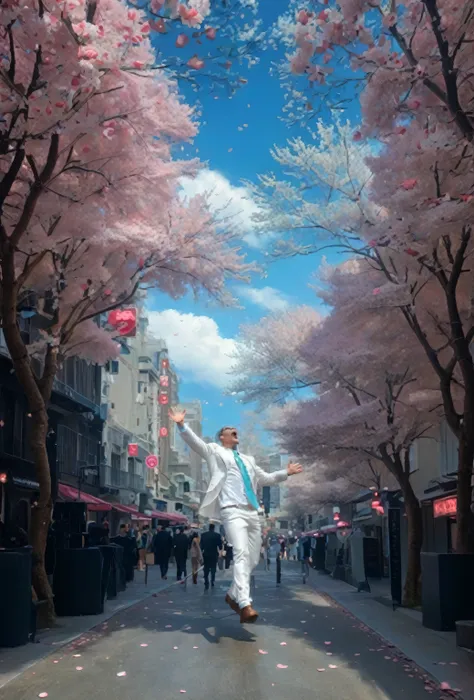 Strong man in a white tuxedo,attractive man, American-style office streets,attractive manの体,cherry tree,cherry blossom petals dance,Sakura Fubuki,petals turn into musical notes、Bringing music to the city,I like making music,countless scores have been visua...