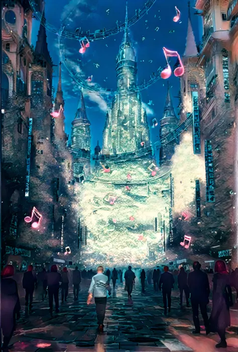Strong man in a white tuxedo,attractive man, American-style office streets,attractive manの体,cherry tree,cherry blossom petals dance,Sakura Fubuki,petals turn into musical notes、Bringing music to the city,I like making music,Countless scores are visualized、...