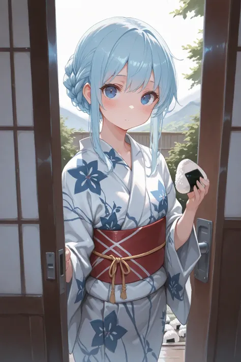 (masterpiece,best quality),solo,a girl,okcn\(light blue hair,french braid hair,fluffy hair,big blue eyes, no nose,small mouth,yukata\),out door,onigiri\(Japanese rice ball),8k,HDR