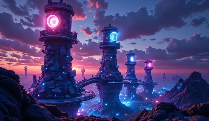 Surreal floating alien castles in a twilight sky realm, twin suns glowing behind gravity-defying towers, electric blue highlights and glowing red cores, wheat-toned stone bridges twisting into the air, inspired by H.R. Giger and Roger Dean, magical realism...