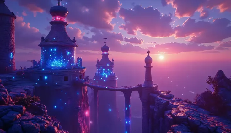 Surreal floating alien castles in a twilight sky realm, twin suns glowing behind gravity-defying towers, electric blue highlights and glowing red cores, wheat-toned stone bridges twisting into the air, inspired by H.R. Giger and Roger Dean, magical realism...