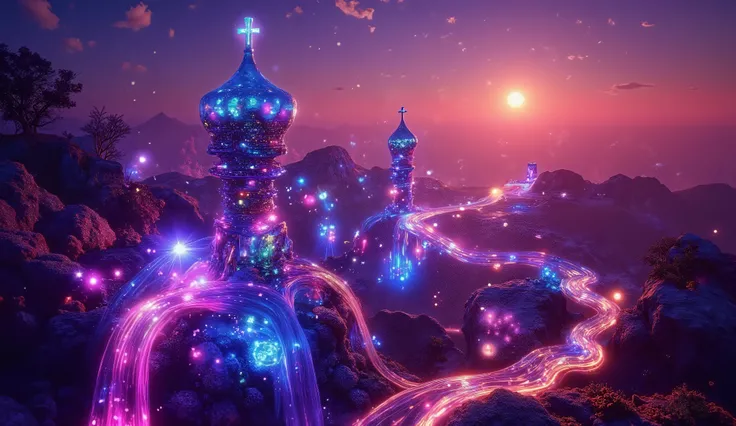 Epic fantasy sci-fi fusion landscape, ethereal castles levitating above magnetic fields, glowing energy pulses flowing through color-infused structures, dark candy apple red accents, soft surreal twilight with twin suns, dramatic underlighting, surrealist ...