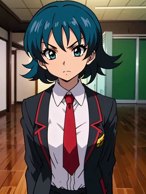 in room, anime style, 8k, masterpiece, ultra high res, focus upper body, medium bob hair, flip out hair, marine blue hair, angry, break wearing school uniform, black blazer, break red tie,