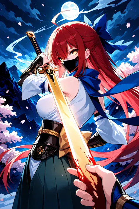 1 woman , golden eyes , very long hair , long sidelocks, red hair, petite , very cute , beautiful ,Straight hair, cool, handsome, hair between eyes, sexy, medium large breast, blue theme, blood on view, blood splatter, blood on pov hands, blood on blade, b...