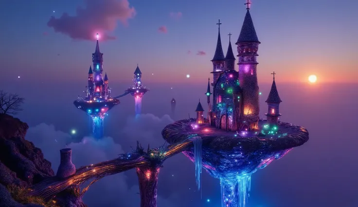 Surreal floating alien castles in a twilight sky realm, twin suns glowing behind gravity-defying towers, electric blue highlights and glowing red cores, wheat-toned stone bridges twisting into the air, inspired by H.R. Giger and Roger Dean, magical realism...