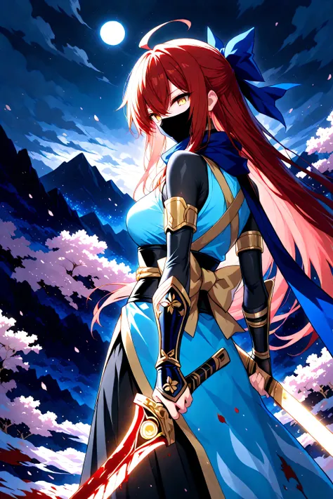 1 woman , golden eyes , very long hair , long sidelocks, red hair, petite , very cute , beautiful ,Straight hair, cool, handsome, hair between eyes, sexy, medium large breast, blue theme, blood on view, blood splatter, blood on pov hands, blood on blade, b...
