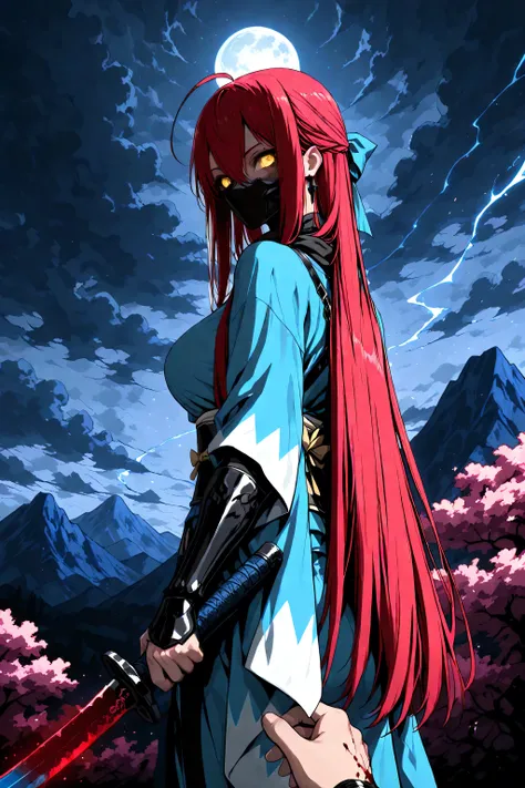 1 woman , golden eyes , very long hair , long sidelocks, red hair, petite , very cute , beautiful ,Straight hair, cool, handsome, hair between eyes, sexy, medium large breast, blue theme, blood on view, blood splatter, blood on pov hands, blood on blade, b...