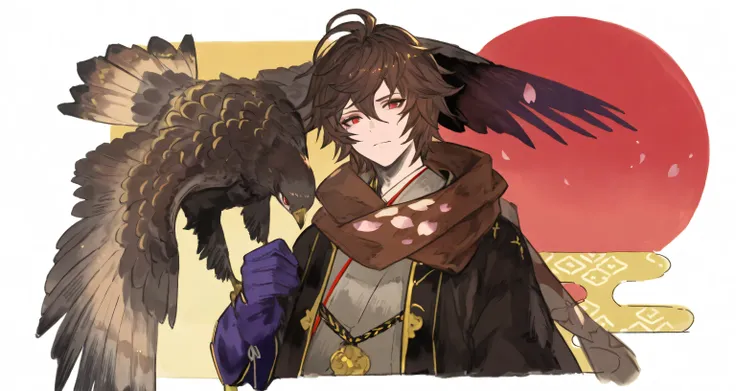 , colored art, high quality eyes, white yukata, yukata_with_feathers_pattern) japanese spring, sakura tree everywhere, japanese lanters, night, standing, muscolar body, sexy male, gbfpxnl, {{character}} \(granblue fantasy\) ,Brown hair, one brown wing in...