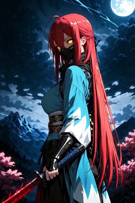 1 woman , golden eyes , very long hair , long sidelocks, red hair, petite , very cute , beautiful ,Straight hair, cool, handsome, hair between eyes, sexy, medium large breast, blue theme, blood on view, blood splatter, blood on pov hands, blood on blade, b...