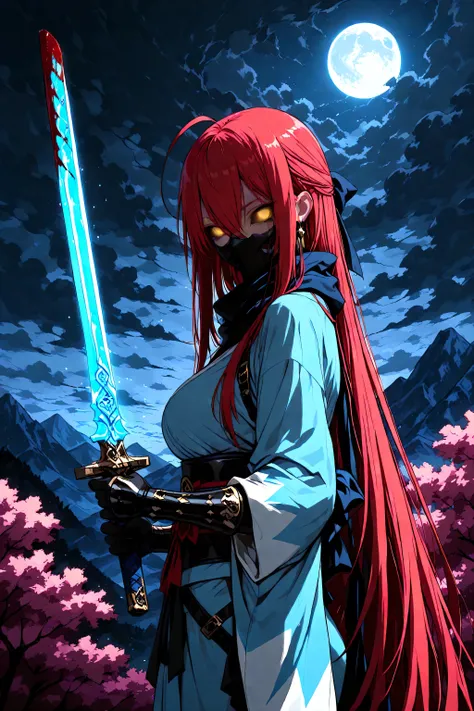 1 woman , golden eyes , very long hair , long sidelocks, red hair, petite , very cute , beautiful ,Straight hair, cool, handsome, hair between eyes, sexy, medium large breast, blue theme, blood on view, blood splatter, blood on pov hands, blood on blade, b...