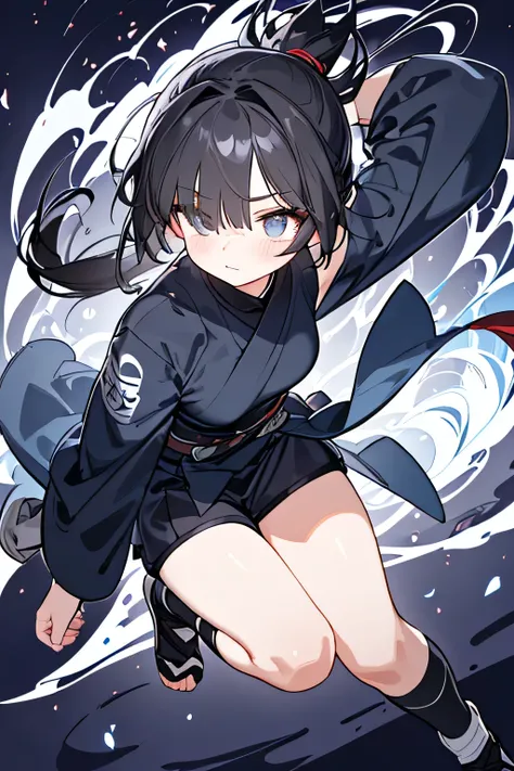 NINJA WIND,（（Hair covering one eye）），mystical atmosphere， natural body，（Ninja costume＋shorts，）， socks，detailed clothes，（slender figure，marshmallow breasts ，），beautiful black hair，well-groomed face，Clear Skin，middle school students，Fair skin，Japanese face，