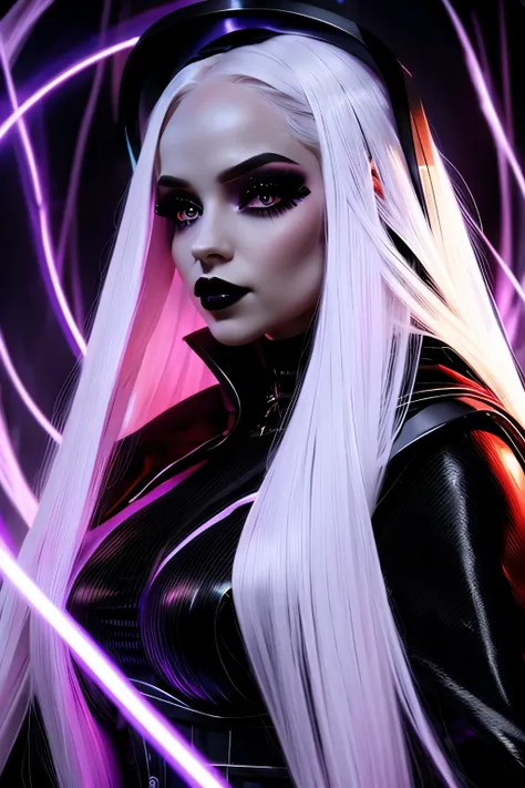 extremely beautiful girl, Pale white skin , glowing red eyes looking at the viewer, LONG PURPLE HAIR, black lips , wearing a black sorceress outfit , she is casting purple rays on the viewer , extremely detailed image 4k .