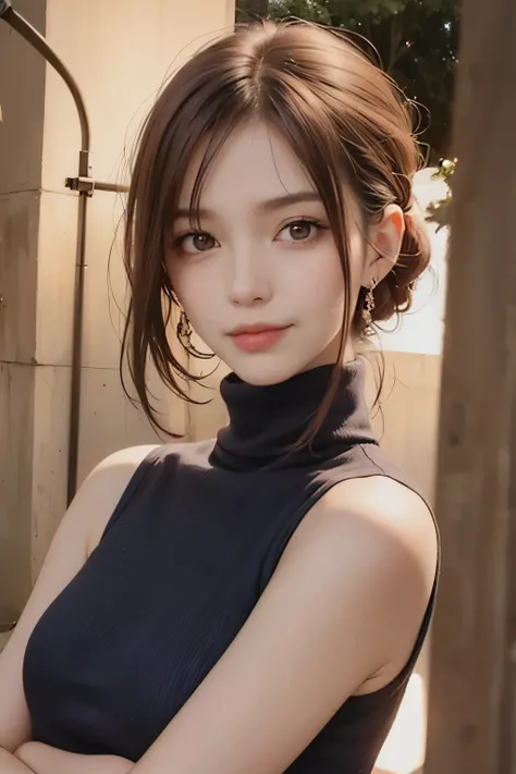 face lighting, eliminate shadows, Turtleneck, sleeveless, age:45, 45 years old, small breasts, slender, I am a mature woman with medium hair, light brunette