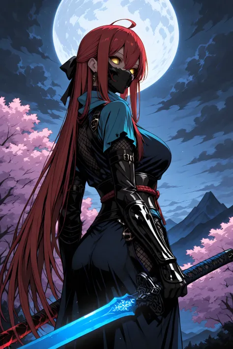 1 woman , golden eyes , very long hair , long sidelocks, red hair, petite , very cute , beautiful ,Straight hair, cool, handsome, hair between eyes, sexy, medium large breast, blue theme, blood on view, blood splatter, blood on pov hands, blood on blade, b...