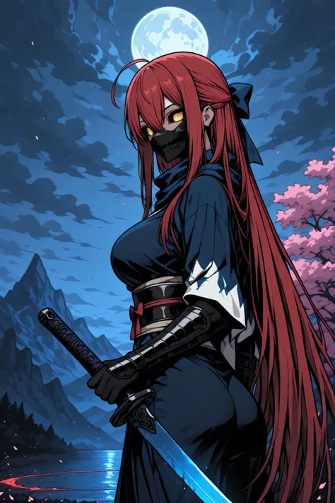 1 woman , golden eyes , very long hair , long sidelocks, red hair, petite , very cute , beautiful ,Straight hair, cool, handsome, hair between eyes, sexy, medium large breast, blue theme, blood on view, blood splatter, blood on pov hands, blood on blade, b...