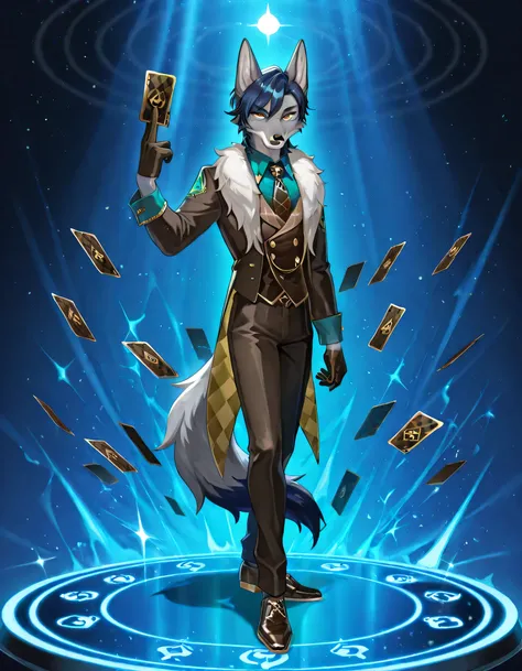 solo, posing, 1boy furry jackal, furred, dark blue hair, short hair, light gray fur, suit, astral, cards, aventurine, yellow eyes, shoes