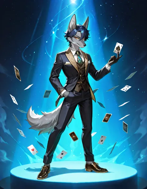 solo, posing, 1boy furry jackal, furred, dark blue hair, short hair, light gray fur, suit, astral, cards, aventurine, yellow eyes, shoes