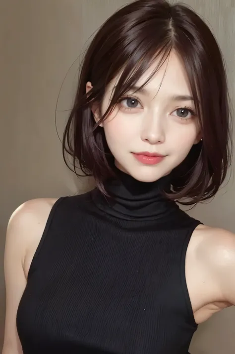 Turtleneck, sleeveless, age:45, 45 years old, small breasts, slender, I am a mature woman with medium hair, light brunette