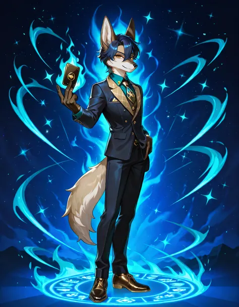 solo, posing, 1boy furry jackal, furred, dark blue hair, short hair, beige fur, suit, astral, cards, aventurine, yellow eyes, shoes