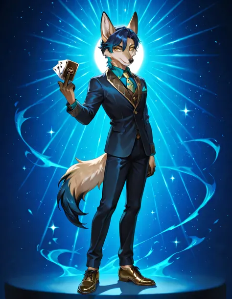 solo, posing, 1boy furry jackal, furred, dark blue hair, short hair, beige fur, suit, astral, cards, aventurine, yellow eyes, shoes, toes, paws