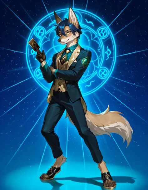 solo, posing, 1boy furry jackal, furred, dark blue hair, short hair, beige fur, suit, astral, holding card, aventurine, yellow eyes, shoes, digitigrade, toes, paws