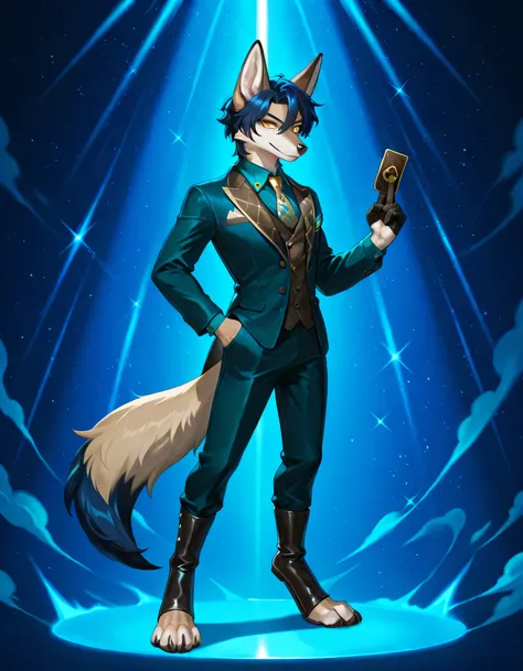 solo, posing, 1boy furry jackal, furred, dark blue hair, short hair, beige fur, suit, astral, holding card, aventurine, yellow eyes, boots, digitigrade, toes, paws