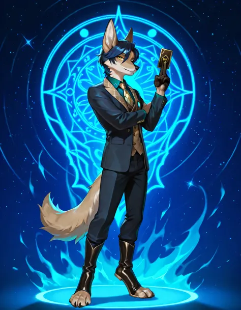 solo, posing, 1boy furry jackal, furred, dark blue hair, short hair, beige fur, suit, astral, holding card, aventurine, yellow eyes, boots, digitigrade, toes, paws