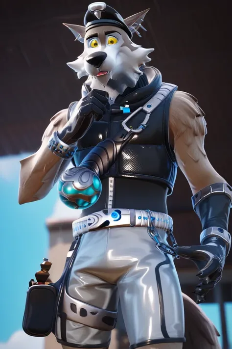 Wendel , anthropomorphic wolf, brown and white fur, big pointed ears, yellow eyes, black pupil, black beret, earrings, sleeveless black vest, bright blue orb tied to the chest, silver metallic shorts with black trims and utility elements, Silver belt, chai...