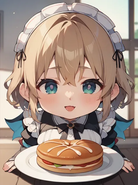 score_9, score_8_ up, score_7_ up, score_6_ up, score_5_ up, anime，nsfw， uncensored，( chibi:1.5)， Anime Style、 masterpiece、 High Quality、 details、 cute、 beautiful eyes on my stomach、around   、Big Breasts、 cat ear maid、Please hold a plate with pancakes on it