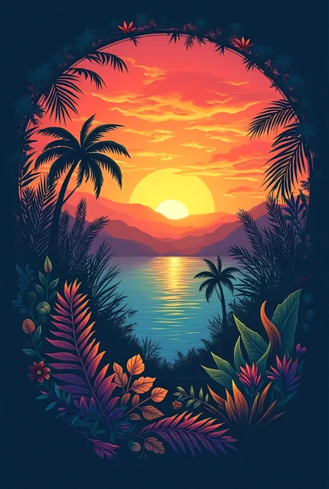 design a print for a t-shirt on the back to combine the elements of a sunset with vegetation from south América, the background must be a circle 