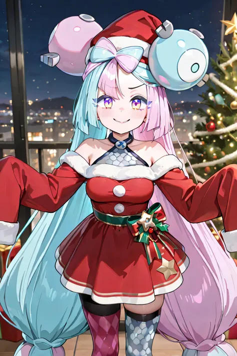 iono (Pokémon Scarlet and Violet), Medium breasts, very long hair, twintails, bicolor hair, light blue and pink hair, two-toned eyes, pink and blue eyes, ((mischievous expression)), animated smile, extremely detailed face, Mother Claus clothes, red Christm...