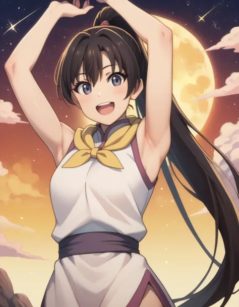 score_9, score_8_up, score_7_up, gsfghtr, multicolored robe, neckerchief, sleeveless, black hair, cinematic Lighting, 1girl,solo,looking at viewer,blush,smile, open mouth,moon, shooting stars,long ponytail hair, armpits, in front of cave