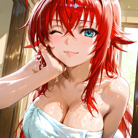 masterpiece, best quality, ultra-detailed, Rias Gremory, highly detailed face with perfect anime proportions, deep shiny blue eyes, long thick red hair cascading naturally over her shoulders and back, confident and relaxed expression with left eye closed i...