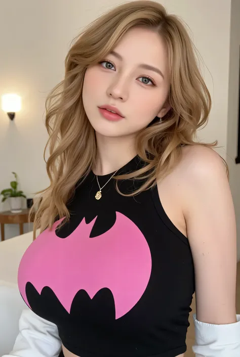 blond woman 、curly hair、long hair、Pink Batman Black Top, real art style, Ross Draws Portrait, Artistic Gem Portrait, Anime Realistic Art Style , 4K realistic digital art , 4K realistic digital art , 8k artgerm bokeh , deviantart artstation cgscosi...