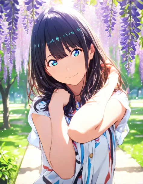 1girl, gridman universe, year 2016, upper body, green park, spring, wisteria, casual clothes, masterpiece, high score, great score, absurdres, 16k, super detail