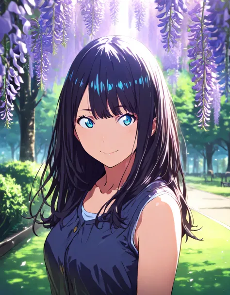 1girl, gridman universe, year 2016, upper body, green park, spring, wisteria, casual clothes, masterpiece, high score, great score, absurdres, 16k, super detail