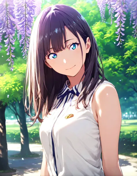 1girl, gridman universe, year 2016, upper body, green park, spring, wisteria, casual clothes, masterpiece, high score, great score, absurdres, 16k, super detail