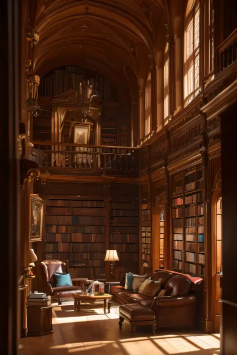  an image of the living room。 sofa is shown 。, Bookshelf, And the dog , Magic Library, In a luxurious library, fancy library, Dusty Library, Castle Library, Ancient Libraries, Grand Library, inside a Castle Library, Small Library, Library Background, alche...