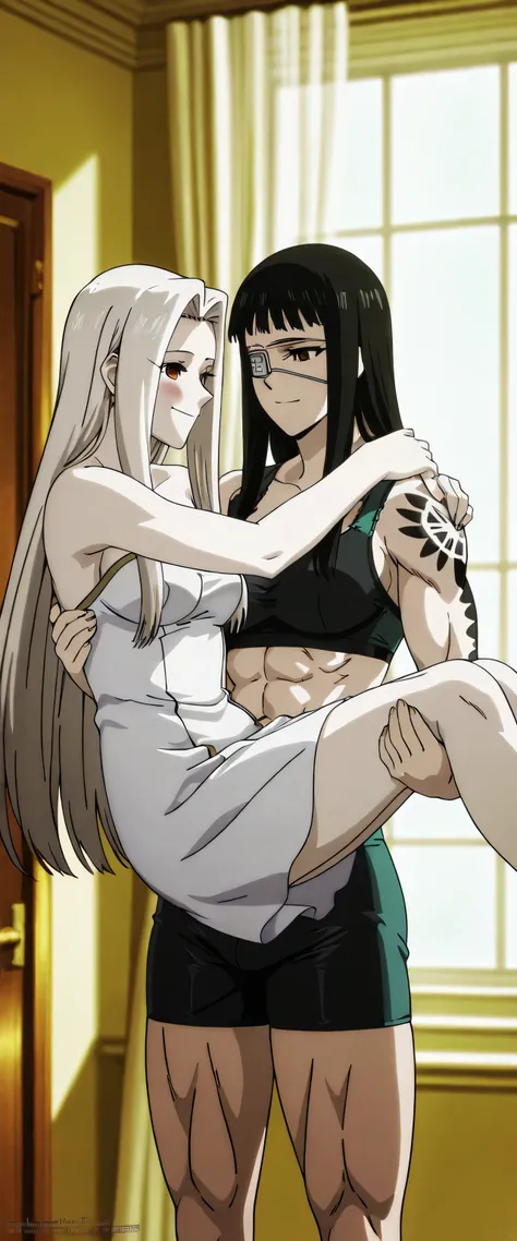 2girl,solo,mm,mature female,black hair,eyepatch,brown eyes,medium breasts,anime coloring,long hair, muscular,black sport bra and black  tight  Elastic  fiber  sport  bra cowboy shot, ,air, tattoo, ,masterpiece,best quality,amazing quality,pelvis muscles,mu...