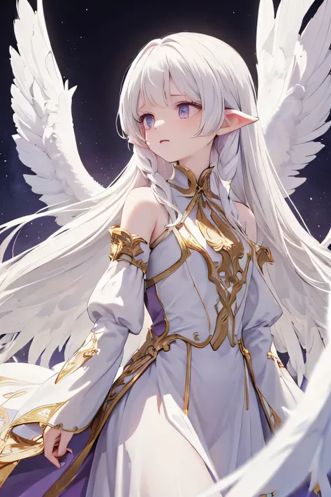 a female angel with long WHITE HAIR, albinic, and purple eyes. a long purple and gold dress, like in the Victorian era. Her expression is one of disgust and coldness, she is cold, as if she no longer has any perspective on life. long white wings on her bac...