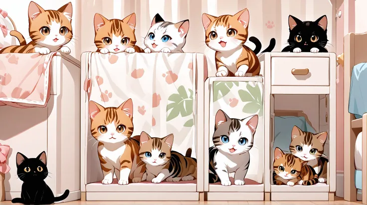 The cute and adorable 3 baby cats, bedroom, There are cats only



