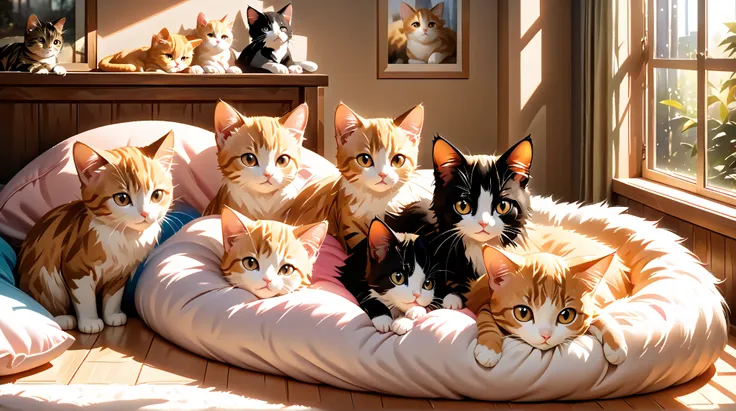 The cute and adorable 3 baby cats, bedroom, There are cats only


