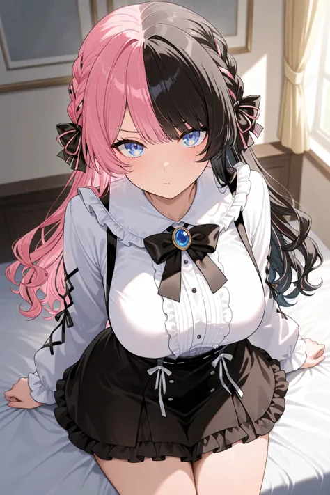solo,best quality, masterpiece, Super detailed,High resolution,Extremely detailed CG, ,Hinan0Def, blue eyes, multicolored hair, pink hair, black hair, long hair, french braid, hair bow, black bowtie, brooch, frilled shirt, white shirt, long sleeves, black ...
