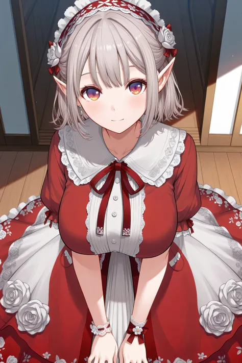 best quality, amazing quality, highres, absurdres, very aesthetic, high resolution, ultra detailed, perfect details,niji-elu,,large breasts,gradient eyes,red eyes,purple eyes,grey hair,pointy ears,short hair,bangs,earrings,niji-elucos1,red dress,lace-trimm...