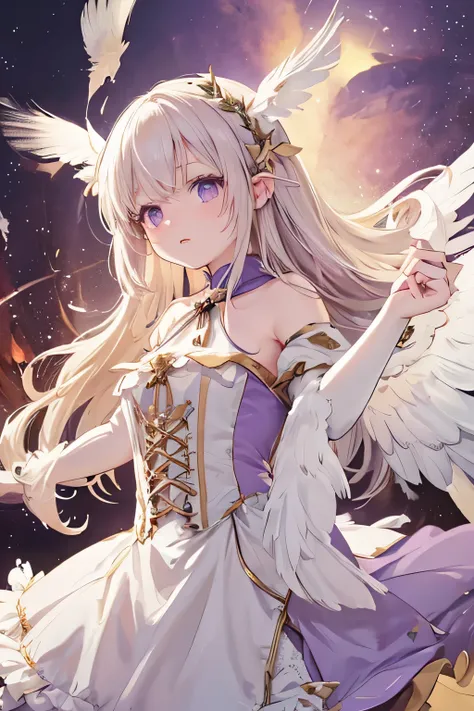 a female angel with long WHITE HAIR, albinic, and purple eyes. a long purple and gold dress, like in the Victorian era. Her expression is one of disgust and coldness, she is cold, as if she no longer has any perspective on life. long white wings on her bac...