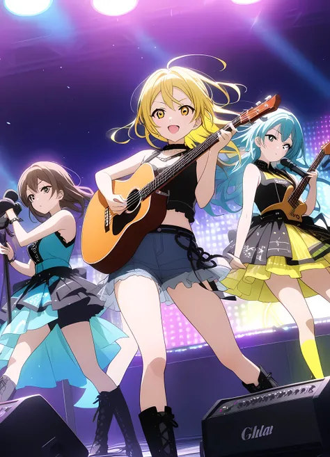 anime style, Highly detailed, Cinematic lighting, Dynamic action pose, Vibrant colors, Dynamic stage performance, A high-energy Japanese idol group performing at a vibrant music festival. The center girl has blue-to-yellow gradient hair, passionately singi...