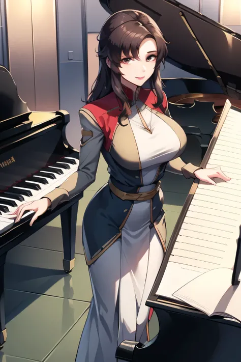 Can you draw a solo song at a music festival,woman playing pianoは描けますか,,sing in front of a woman playing the grand piano placed at the station {x},,,wearing a long decorative dress,Drawing five fingers accurately、It's very important for that job,humans onl...