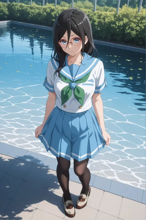 ((inspired by Asuka Tanaka:1.2)),(inspired by Kyoto Animation Style),(masterpiece, best quality),beautiful, beautiful-woman, ((detailed face)).(full body:1.3).,
((black hair)), glasses, blue eyes, long hair, over-rim eye-wear,cowboy shot, semi-rimless e...