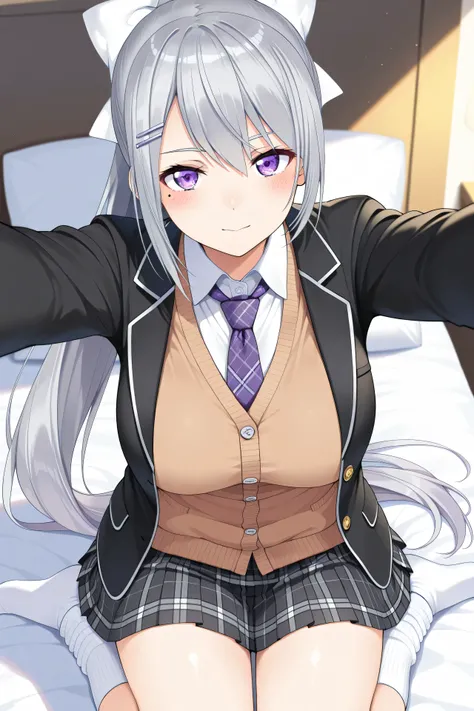 best quality, amazing quality, highres, absurdres, very aesthetic, high resolution, ultra detailed, perfect details,nijikaede,large breasts,purple eye,grey hair,long eyelashes,mole under eye,long hair,ponytail,white bow,hair pin,nijikaedecos,white shirt,pu...